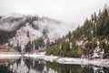 Mirror Reflection in Lake Water in Snowy Winter Landscape