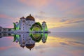 Mirror reflection of majestic floating mosque at malacca straits Royalty Free Stock Photo