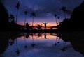 Mirror reflection of Panoramic landscape of man standing on the coconut beach with a million stars and sunrise early