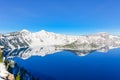 Scenic winter mirror reflection of snowcap mountain and Wizard Island on Crater Lake Royalty Free Stock Photo