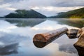 Mirror smooth water of the carpathian Zetelaka lake. Beautyful landscape after rain Royalty Free Stock Photo