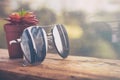 Mirror sunglasses, city reflection, pot with succulent