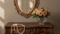 A mirror with a white veil on it and a vase of flowers on a table Royalty Free Stock Photo