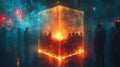 A mirrored cube floating in a dark void reflecting the same group of friends gathered around a table sharing a meal and Royalty Free Stock Photo