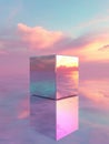 Mirrored cube reflecting sunset hues over a serene, empty landscape during twilight hours