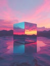 Mirrored cube reflecting vibrant sunset over an empty landscape in a serene and tranquil setting
