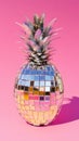 Mirrored disco ball pineapple on pink background, pop art style Royalty Free Stock Photo