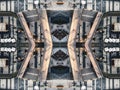mirrored geometry lines and shapes, symmetry perspective intricate pattern, hi-tech abstract background with technology