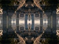 mirrored geometry lines and shapes, symmetry perspective intricate pattern, hi-tech abstract background with technology