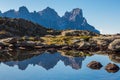 Mirrored pala group mountain summits pale di san Martino with blue sky