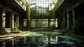 Mirrored Realms: Abandoned House With Pool And Lush Green Plants