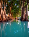 A mirrored reflection of Mauritian banyan trees in a still turquoise lagoon at dusk Royalty Free Stock Photo