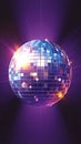 Mirrored spinning purple disco ball for 80s, 90s luminous background Royalty Free Stock Photo