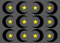 Mirroring duplicates of a bright yellow five point star within a black crescent moon dark grey backdrop