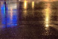 Mirroring lights on night rain road asphalt