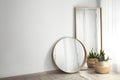 Mirrors and potted plant near window in room