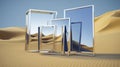 Mirrors reflect endless golden sand dunes under a clear blue sky, creating a serene and isolated desert landscape Royalty Free Stock Photo