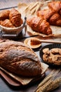 Miscellaneous delicious pastry on the wooden table