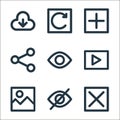 miscellaneous line icons. linear set. quality vector line set such as cross, unseen, image, play, visible, share, add, refresh