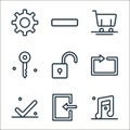 miscellaneous line icons. linear set. quality vector line set such as music, login, check, repeat, unlock, key, cart, minus Royalty Free Stock Photo