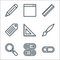 Miscellaneous line icons. linear set. quality vector line set such as switch off, button, search, painting, ruler, tag, ruler,