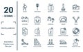 miscellaneous linear icon set. includes thin line refugee, fun glasses, enlist, catapult, thinking solutions, horseshoes, 100