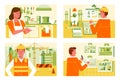 Miscellaneous work in different workplace, at house, construction, office and rocket launch flat vector illustration