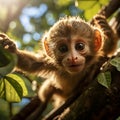 Curious Monkey Swinging Through Tropical Rainforest Canopy