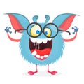 Mischievous cartoon monster character wearing big round eyeglasses