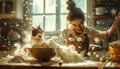 Mischievous Cat Causing A Flour Explosion In A Sunlit Kitchen Royalty Free Stock Photo