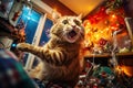 A cat left alone at home wreaks havoc in a room decorated for Christmas Royalty Free Stock Photo