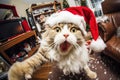 Cat left alone at home wreaks havoc in a room decorated for Christmas