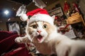 Cat left alone at home wreaks havoc in a room decorated for Christmas Royalty Free Stock Photo