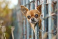 A mischievous chihuahua sticking its head out of a fence, A mischievous chihuahua peeking out from behind a fence