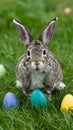 Mischievous Easter Bunny caught in the act of hiding colorful eggs Royalty Free Stock Photo