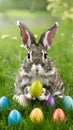 Mischievous Easter Bunny caught in the act of hiding colorful eggs Royalty Free Stock Photo