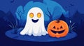 A mischievous ghost with bright eyes is playfully posed next to a carved pumpkin in a fun, spooky scene