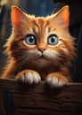 Mischievous Ginger Kitten: A Whimsical Portrait on a Wooden Benc