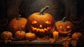 Mischievous Grinning Jack-o\'-Lantern Illuminating Surrounding Pumpkins AI Generated