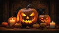 Mischievous Grinning Jack-o\'-Lantern Illuminating Surrounding Pumpkins AI Generated