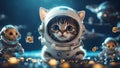 A mischievous kitten astronaut with a bubble helmet, chasing after a floating fish shaped spaceship,