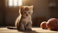 Mischievous kitten playing with a ball of yarn