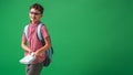 Cheerful schoolboy with glasses, holding book and backpack on green background Royalty Free Stock Photo