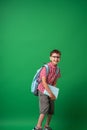 Cheerful schoolboy with glasses, holding book and backpack on green background Royalty Free Stock Photo