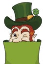 Mischievous Leprechaun winking at you behind a green scroll, Vector illustration