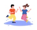 Mischievous naughty kids jumping in puddles flat vector illustration isolated.