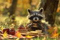 A mischievous raccoon infiltrates a woodland picnic, AI generated