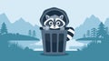 Mischievous raccoon peeking from behind trash can.