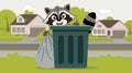 Mischievous raccoon peeking from behind trash can.