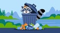 Mischievous raccoon peeking from behind trash can.
